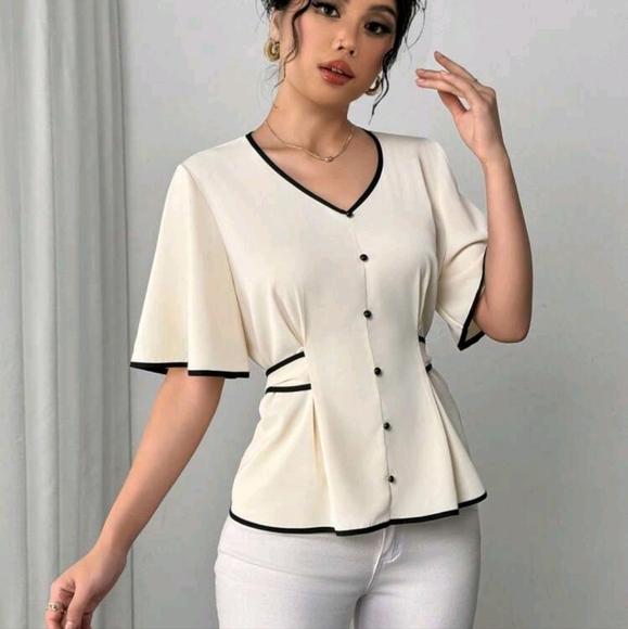 Women's New Apricot & Black Contrast V-Neck Drawstring Waist Ruffle Sleeve - Picture 1 of 4